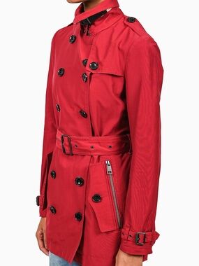 Burberry Brit Short Double-Breasted Trench Coat in Crimson